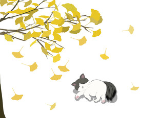 银杏叶小猫插画