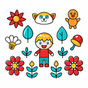 儿童与动植物可爱插画