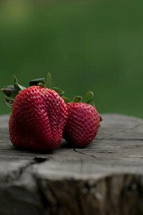 木墩上的两颗新鲜草莓