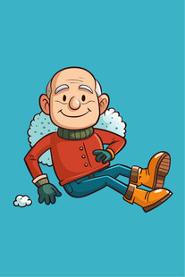 坐着滑雪的快乐老人