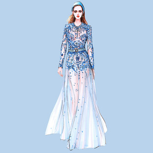 蓝色刺绣透视长裙设计图