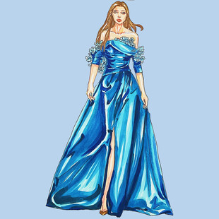 蓝色露肩拖地长裙美女