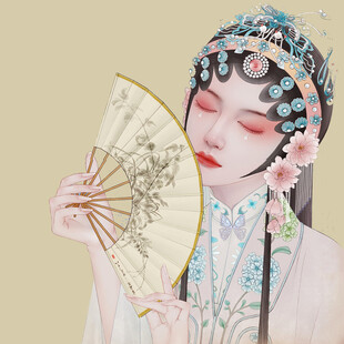 古典戏曲佳人持扇优雅图