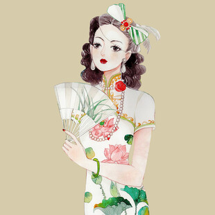 复古旗袍女子手持折扇