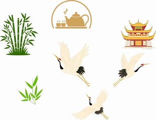 中式元素 仙鹤 竹与古建筑