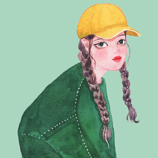 戴黄帽编辫的绿衣女孩