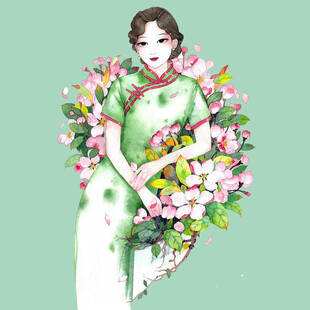 身着旗袍的优雅花卉女子