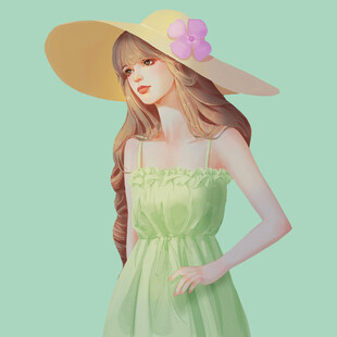 戴帽穿绿裙的优雅女孩
