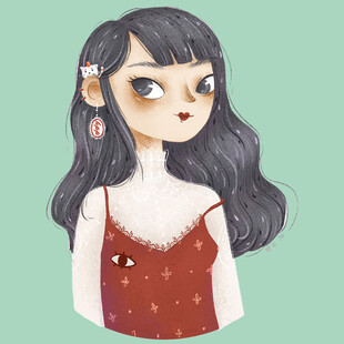 可爱长发红衣女孩插画