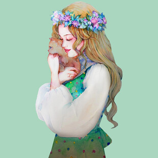 花环少女与猫咪的温馨时刻