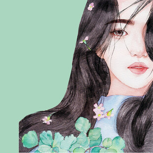 长发女子与绿植花卉插画