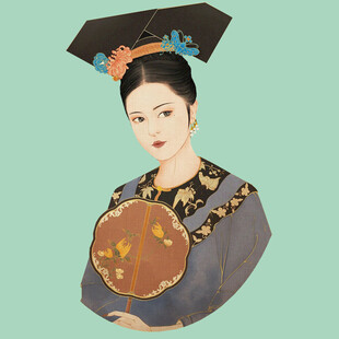 清朝旗装女子手持团扇