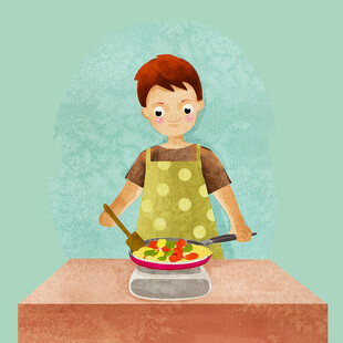 男孩快乐下厨烹饪多彩菜肴