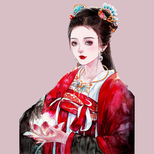 古风红衣女子手持莲花