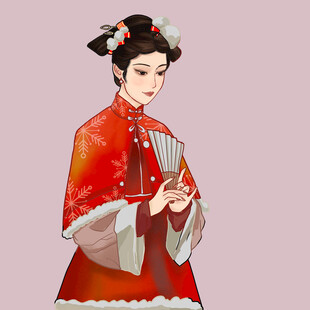 古典红衣女子手持折扇
