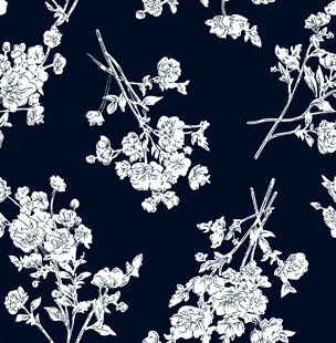 深蓝底白花植物图案