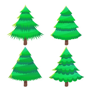 四棵卡通风格绿色圣诞树