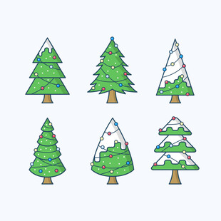 卡通风格多彩圣诞树集合