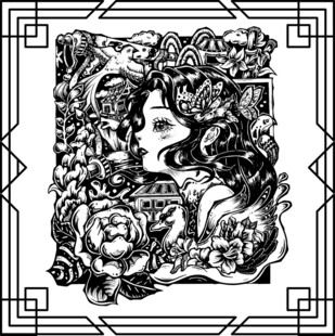 黑白花卉少女人像艺术木刻木版画