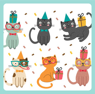 戴帽猫咪与礼物欢乐场景