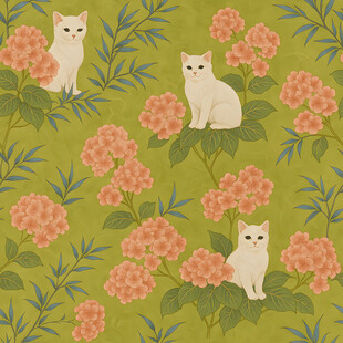 猫咪与花卉的清新图案
