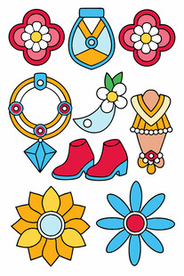 多彩卡通饰品与花朵图案