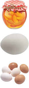 罐装橘子与多样蛋类展示