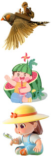 童趣插画小鸟与戴帽女孩