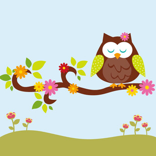 树枝上的猫头鹰与花朵