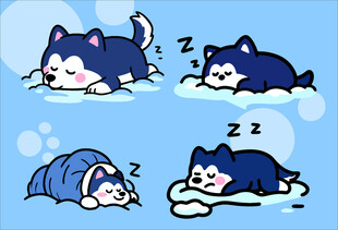 阿拉斯加犬创意抽象儿童手绘插画