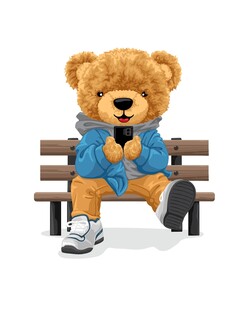 小熊坐长椅玩手机