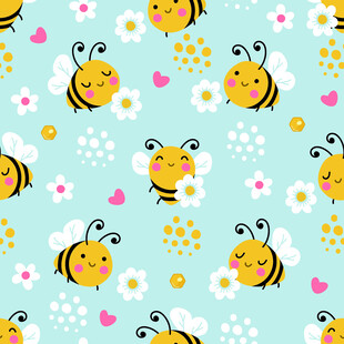 可爱蜜蜂花卉无缝图案