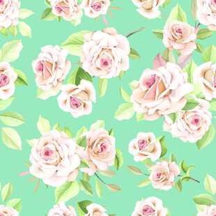 清新绿底粉色花卉图案