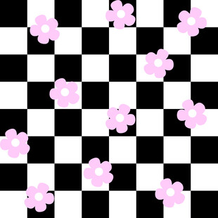 黑白格背景上的粉色小花