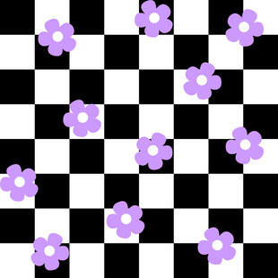 黑白格背景上的紫色小花