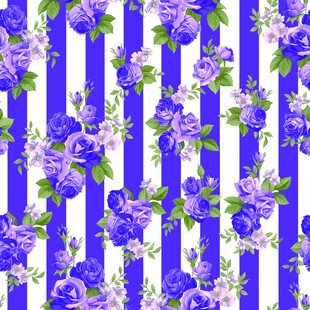 蓝白条纹间的紫色花卉图案