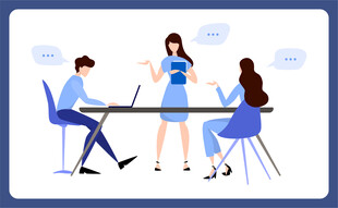 三人桌边交流办公场景