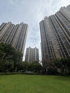 城市草坪旁的高层住宅楼