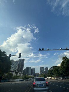 城市道路上的蓝天白云景象