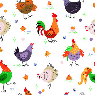 多彩卡通鸡图案背景