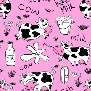 粉色奶牛牛奶主题无缝图案