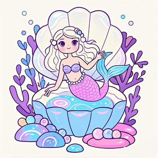 可爱小美人鱼坐在贝壳中