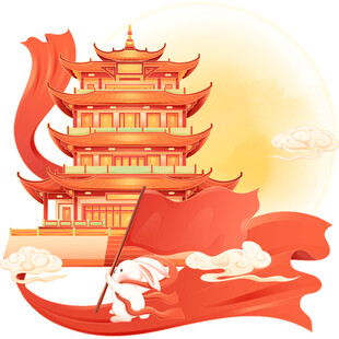 中式古建筑与飘扬红旗