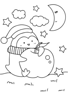 企鹅月夜读书可爱插画