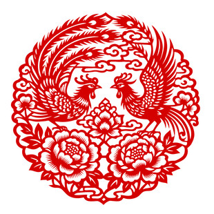 双凤牡丹剪纸艺术作品