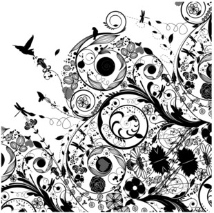 黑白花卉飞鸟装饰图案