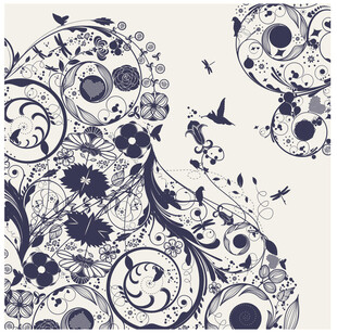蓝白花卉飞鸟装饰图案