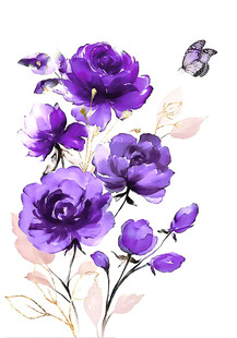 紫色花卉与蝴蝶唯美插画