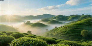 晨雾中的翠绿茶园美景