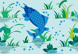 蓝色鲤鱼跃于荷塘之间